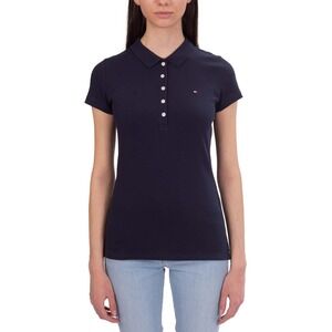 Tommy Hilfiger Womens Navy Blue Short Sleeve Pique Polo Shirt Slim Fit Logo
